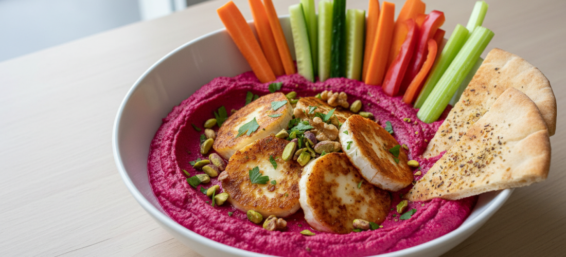 découvrez notre recette gourmande de houmous de betterave accompagné de chèvre croustillant, une explosion de saveurs pour vos papilles.