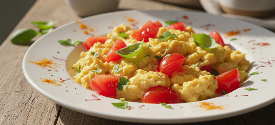 découvrez une recette savoureuse d'œufs brouillés légers aux tomates parfumées et aux épices ensoleillées, idéale pour un petit-déjeuner sain et gourmand.