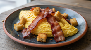 découvrez une omelette gourmande aux lardons et croûtons, une recette inventive qui transforme le pain rassis en une texture aérienne et savoureuse pour un repas délicieux et original.
