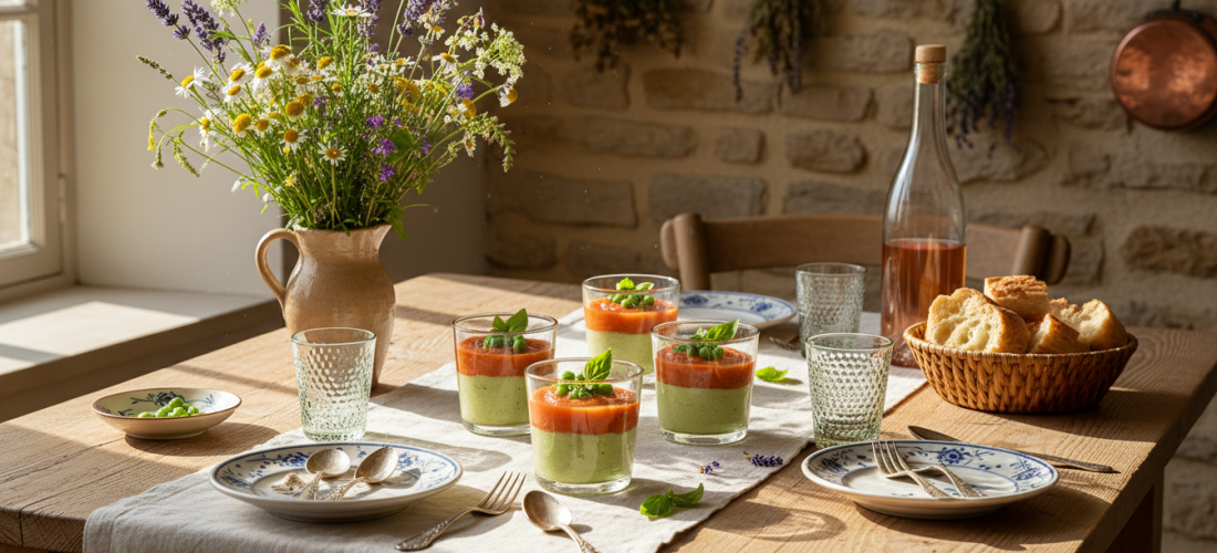 découvrez la recette raffinée de la panna cotta au fromage frais, accompagnée d'une crème de tomate savoureuse et de petits pois frais, pour une expérience gourmande et originale.