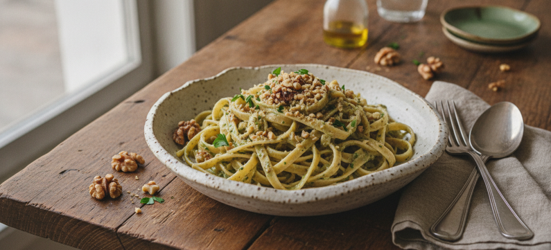 découvrez une recette savoureuse de pâtes gourmandes à la sauce légère d’ail et noix, alliant simplicité et goût pour un repas délicieux et équilibré.