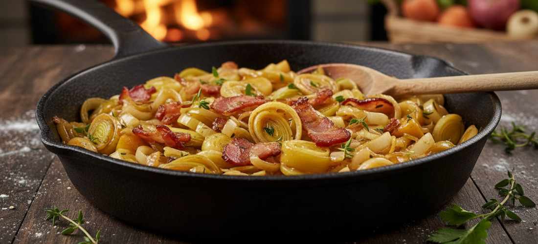 découvrez une poêlée hivernale aux poireaux, pommes et lardons, une recette simple et savoureuse parfaite pour réchauffer les soirées en famille.