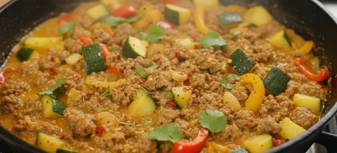 découvrez une poêlée savoureuse de steak haché, courgettes et poivrons au curry, une recette simple qui offre une explosion de saveurs inattendues pour un repas délicieux et gourmand.