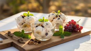 découvrez une recette express de glace légère à la banane, aux raisins et aux noix, parfaite pour un dessert sain et gourmand en un rien de temps.