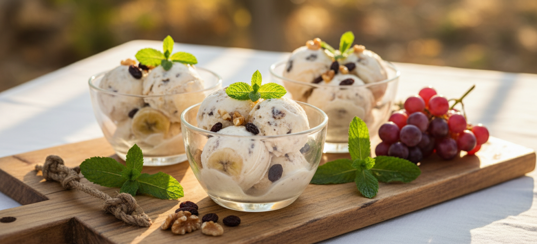 découvrez une recette express de glace légère à la banane, aux raisins et aux noix, parfaite pour un dessert sain et gourmand en un rien de temps.