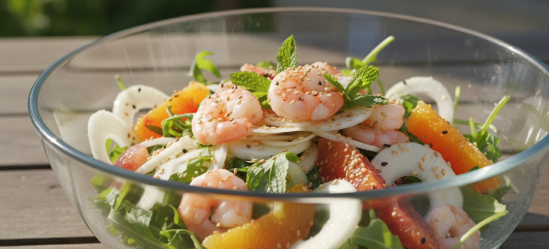 découvrez notre recette minceur légère et savoureuse : une salade fraîche de fenouil croquant, crevettes juteuses, graines de sésame et morceaux d'orange pour un équilibre parfait entre fraîcheur et vitamines.