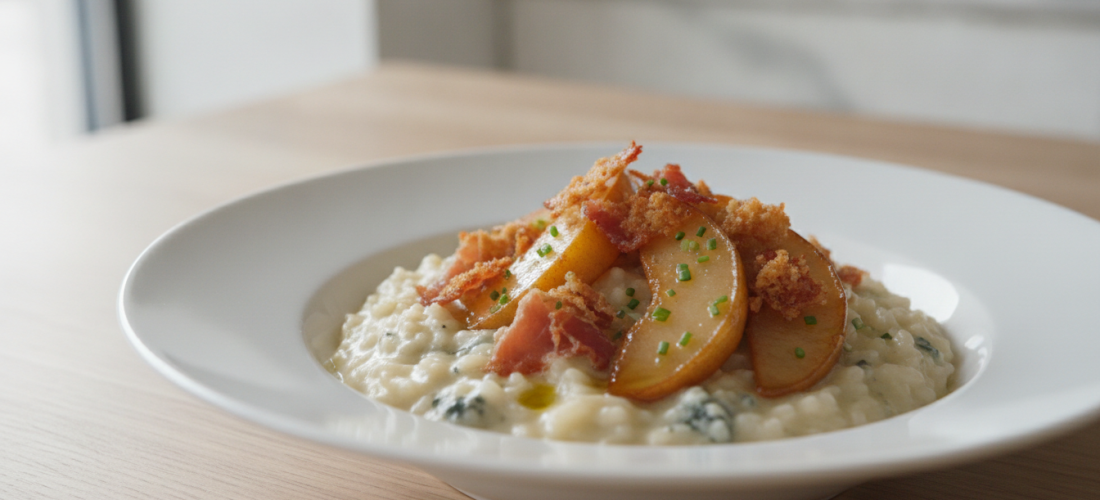 découvrez notre recette savoureuse de risotto crémeux au fromage bleu, jambon cru et poires délicates, alliant douceur et raffinement pour un plat unique et gourmand.