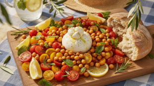 découvrez notre salade d'été gourmande alliant burrata crémeuse et pois chiches croquants, une recette savoureuse et économique pour un effet waouh garanti à petit budget.