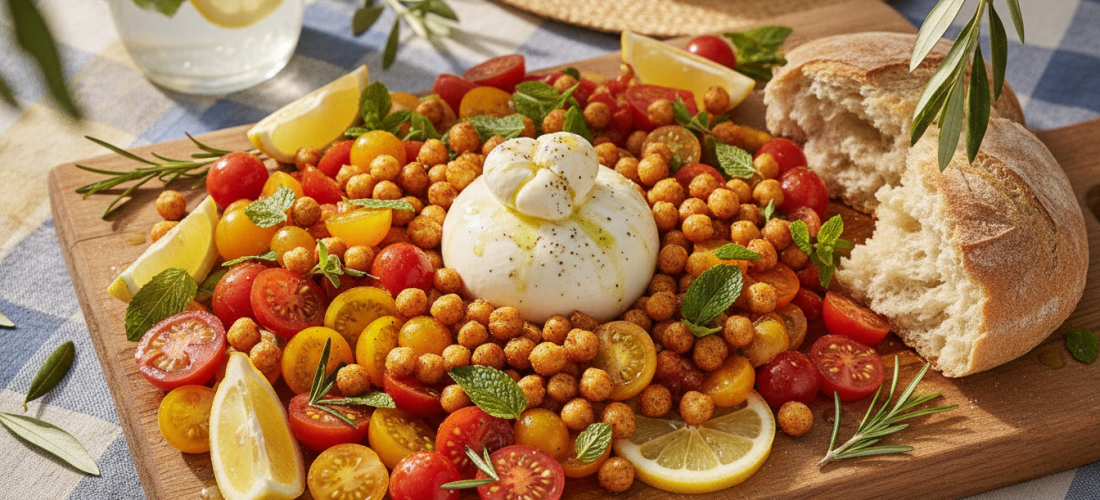 découvrez notre salade d'été gourmande alliant burrata crémeuse et pois chiches croquants, une recette savoureuse et économique pour un effet waouh garanti à petit budget.
