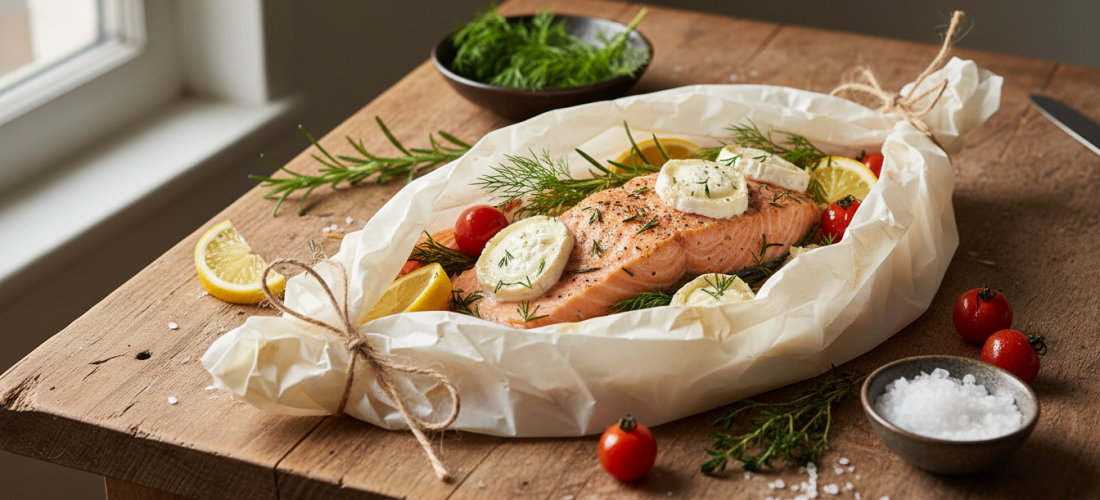 découvrez une recette savoureuse de saumon en papillote, délicatement parfumé aux herbes fraîches et enrichi de fromage crémeux, pour un plat sain et gourmand.