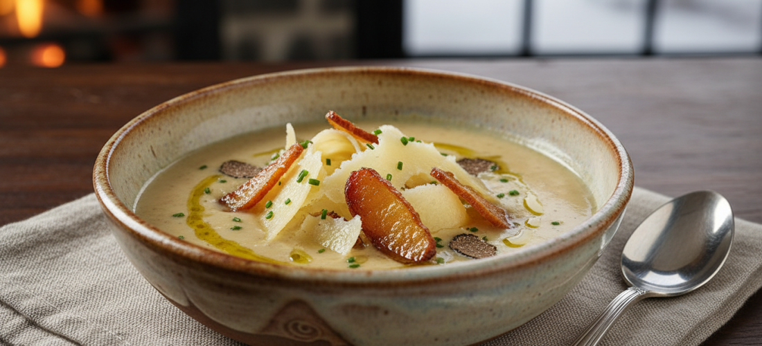 découvrez une recette savoureuse et raffinée de soupe onctueuse de topinambours, rehaussée par des chips de magret séché croustillantes et une délicate touche fromagère.