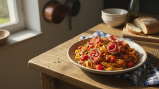 découvrez notre recette de tagliatelles légères à la basquaise, alliant saveurs gourmandes et ingrédients sains pour un repas équilibré et délicieux.