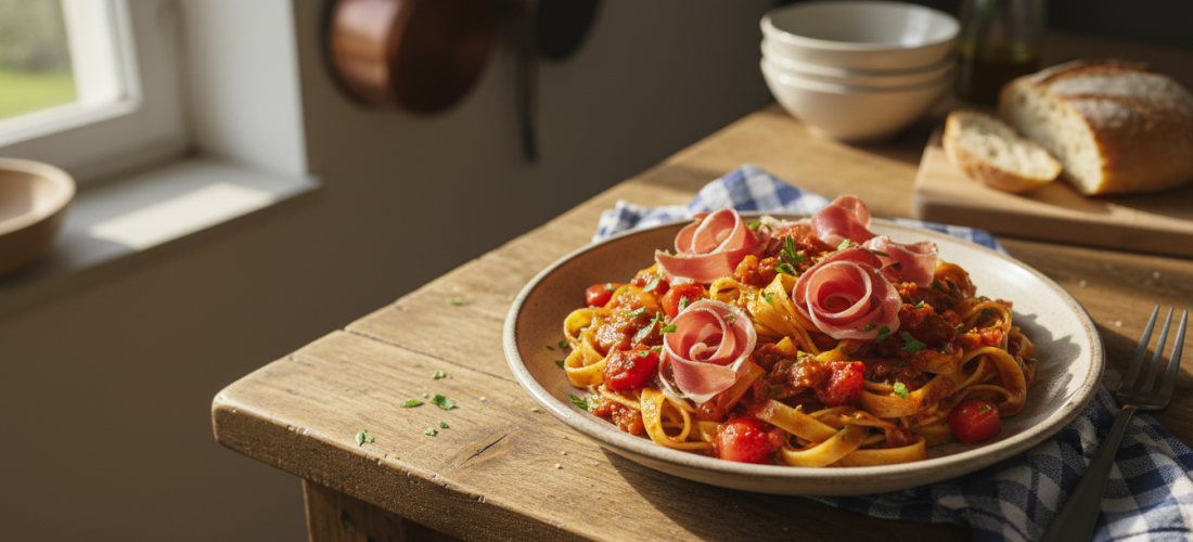 découvrez notre recette de tagliatelles légères à la basquaise, alliant saveurs gourmandes et ingrédients sains pour un repas équilibré et délicieux.