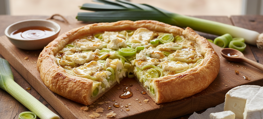 découvrez la recette de la tarte ultra fondante aux poireaux, chèvre et miel, une délicieuse gourmandise sans œufs, idéale pour un repas savoureux et léger.
