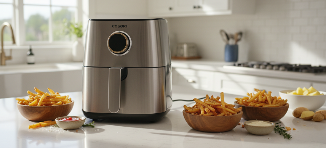 découvrez notre test complet de la friteuse sans huile cosori air fryer twinfry 10l, équipée d'un contrôle intelligent pour une cuisson saine et précise. performance, design et fonctionnalités détaillées.