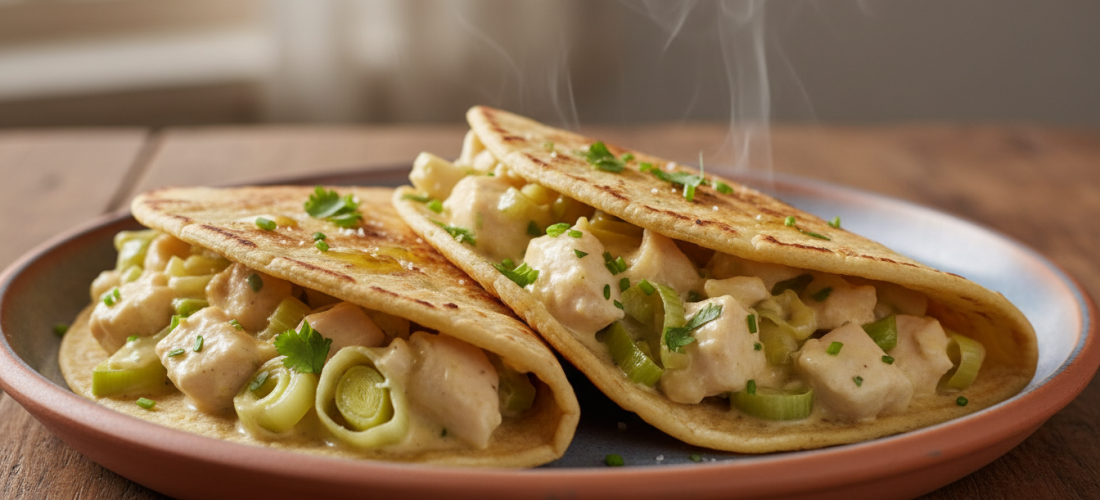 découvrez la recette facile et rapide des tortillas poireaux-poulet fondantes, parfaites pour un plat d'hiver savoureux et réconfortant à partager en famille.