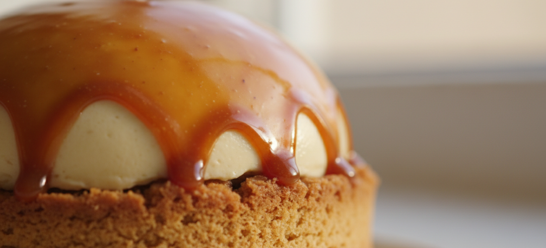 découvrez un dôme banane-caramel fondant sur un biscuit croustillant, la douceur parfaite pour réchauffer vos journées froides de janvier.