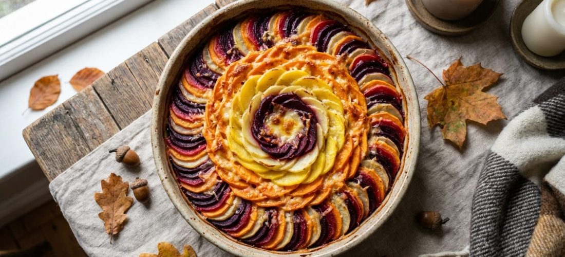 découvrez un gratin irrésistible où pommes de terre, patates douces et betteraves se marient harmonieusement pour une explosion de saveurs fondantes en bouche.