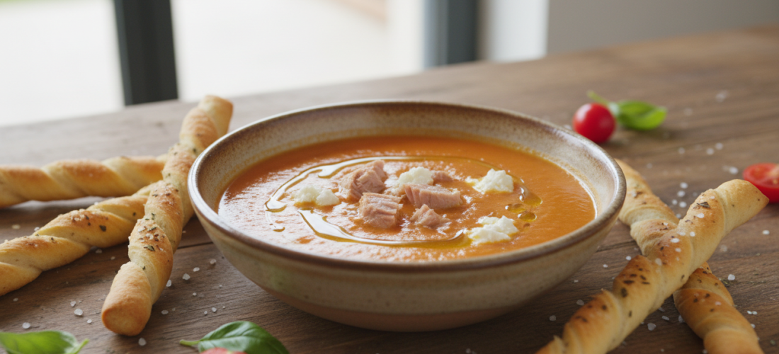 découvrez notre velouté de poivrons et thon, délicatement lié au fromage frais, pour une recette onctueuse et pleine de saveurs, idéale en entrée ou repas léger.