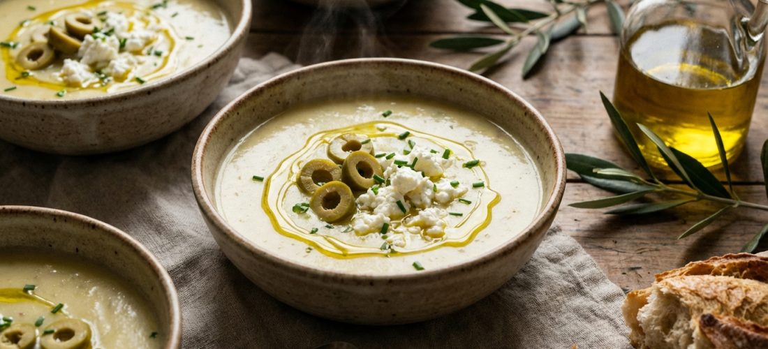 découvrez un velouté onctueux de pommes de terre rehaussé par les éclats croquants d'olives vertes et la douceur fondante du fromage frais, une recette gourmande et raffinée.