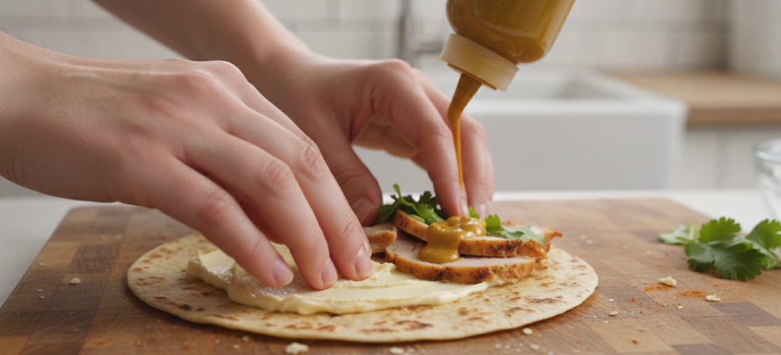 découvrez notre wrap gourmand à la dinde, fromage, moutarde aux épices curry et coriandre fraîche, une explosion de saveurs qui ravira vos papilles à chaque bouchée.