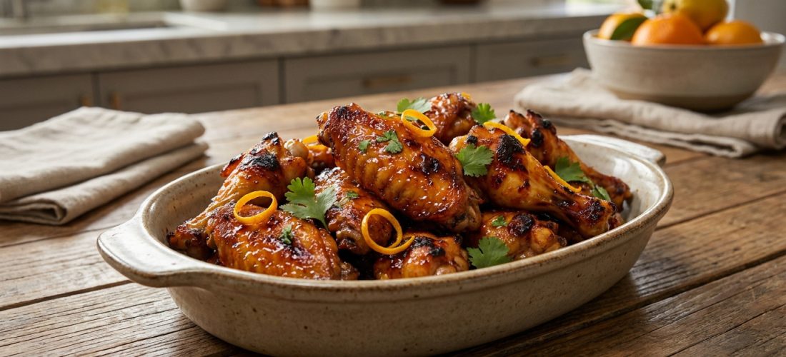Plat ovale rempli d'ailes de poulet dorées et laquées, garnies de zestes d'orange et de coriandre fraîche sur une table.