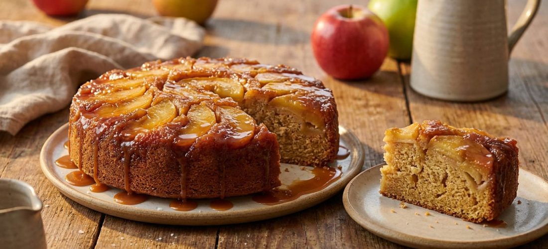 Gâteau renversé aux pommes et caramel au beurre salé, décoré de pommes confites