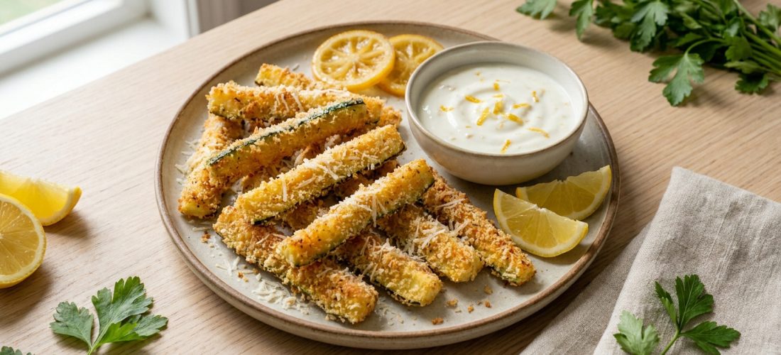 Assiette de frites de courgettes panées croustillantes avec une sauce au yaourt, du citron et du persil sur une table.