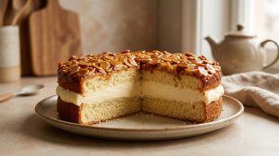 Gâteau nid d'abeille classique avec une garniture à la crème et des amandes caramélisées sur une assiette en céramique.