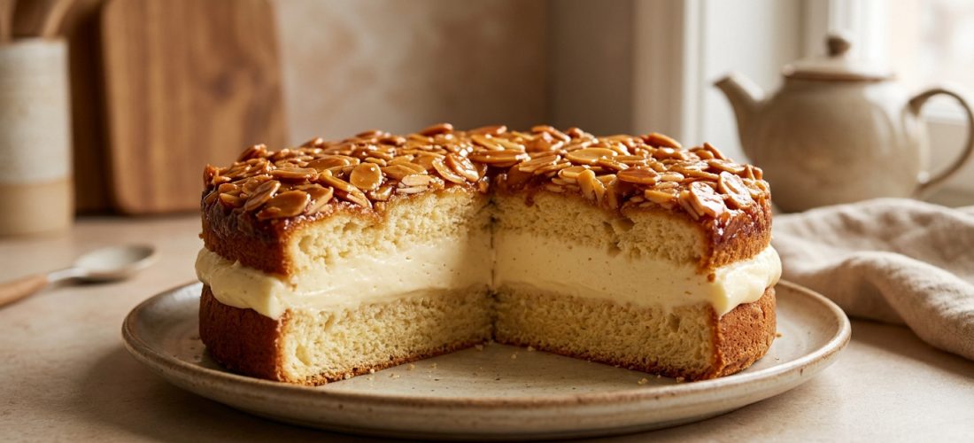 Gâteau nid d'abeille classique avec une garniture à la crème et des amandes caramélisées sur une assiette en céramique.