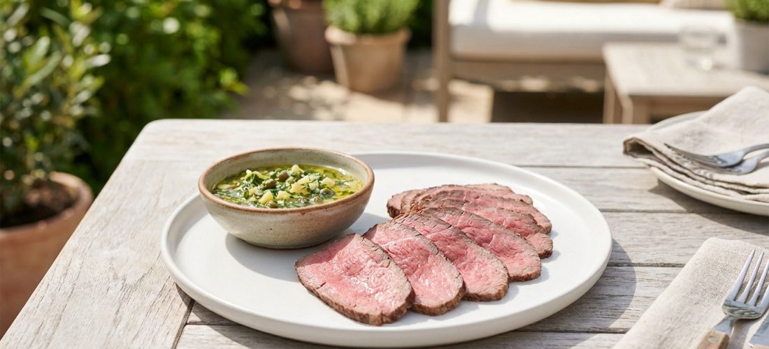 Tranches de rôti de bœuf rosé sur une assiette blanche, accompagnées d'un bol de sauce ravigote sur une table en bois.