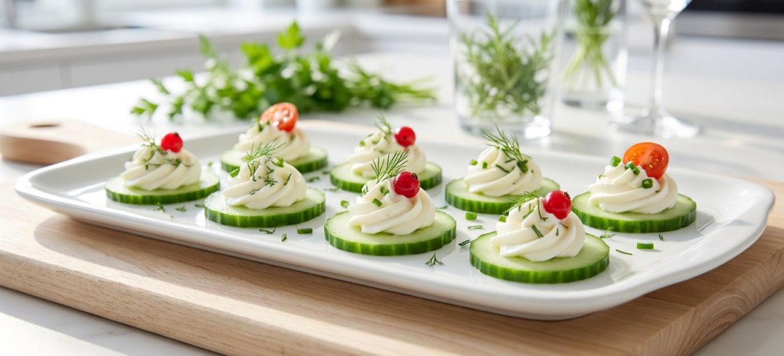 Bouchées apéritives de rondelles de concombre surmontées de fromage frais, aneth et tomates cerises sur un plateau.
