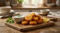 Assiette de nuggets de poulet dorés avec une sauce crémeuse et une tranche de citron sur une planche en bois.