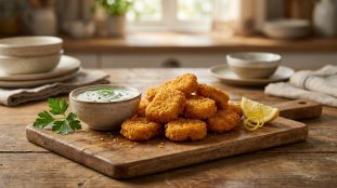 Assiette de nuggets de poulet dorés avec une sauce crémeuse et une tranche de citron sur une planche en bois.