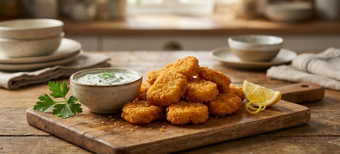 Assiette de nuggets de poulet dorés avec une sauce crémeuse et une tranche de citron sur une planche en bois.