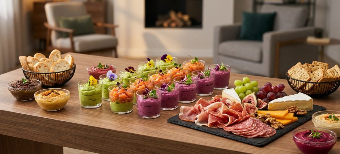 Table garnie de verrines colorées, plateaux de charcuterie, fromages et pains pour un apéritif dînatoire élégant.