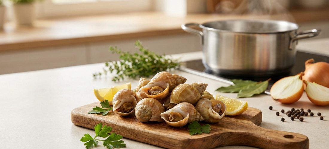 Bulots disposés sur une planche en bois avec du citron, des oignons et des herbes, près d'une casserole fumante.