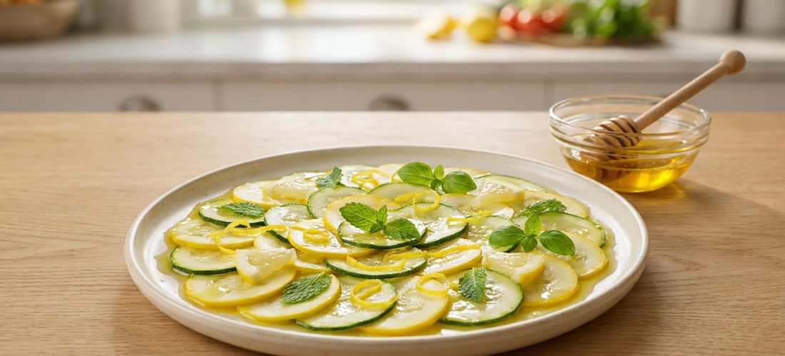 Fines tranches de courgettes jaunes et vertes marinées, décorées de menthe et de basilic sur une assiette.