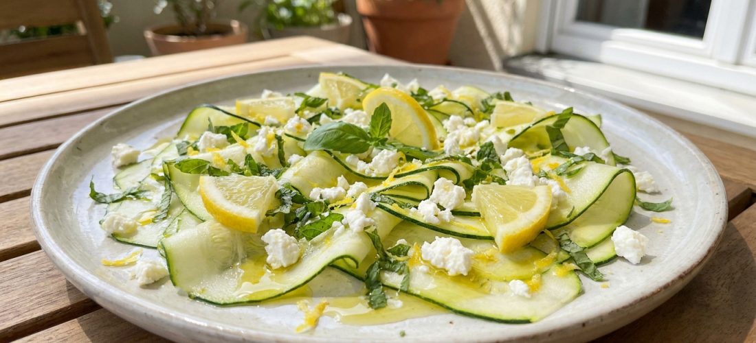Une assiette de carpaccio de courgettes fines, parsemée de feta, de basilic et de quartiers de citron frais.