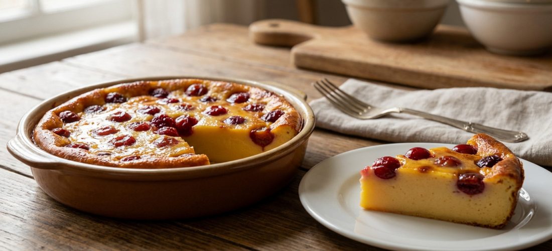 Clafouflan dessert with fruits, showcasing its creamy texture and hybrid nature between flan and clafoutis