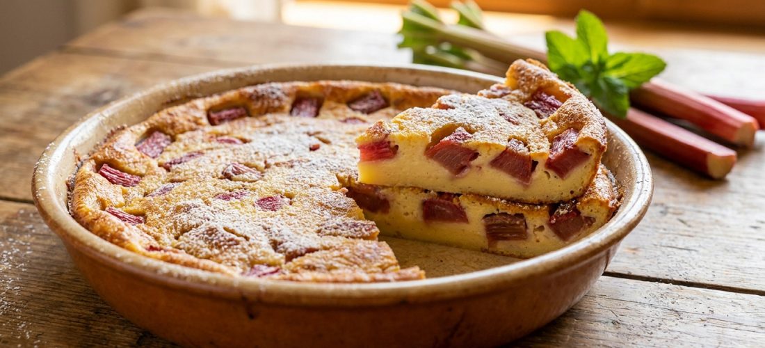 Clafoutis à la rhubarbe doré dans un plat en terre cuite sur une table en bois, avec une part coupée.