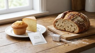 Comparaison visuelle entre des pâtisseries faites avec de la levure chimique et un pain au levain avec levure boulangère.