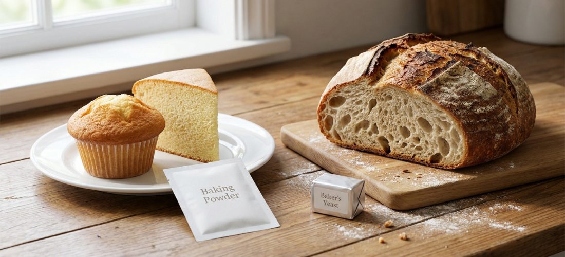 Comparaison visuelle entre des pâtisseries faites avec de la levure chimique et un pain au levain avec levure boulangère.