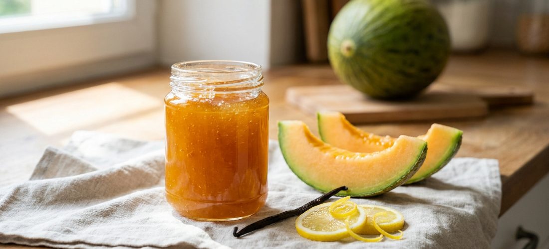 Un pot de confiture de melon dorée sur un torchon en lin, accompagné de tranches de melon, de citron et d'une gousse vanille.