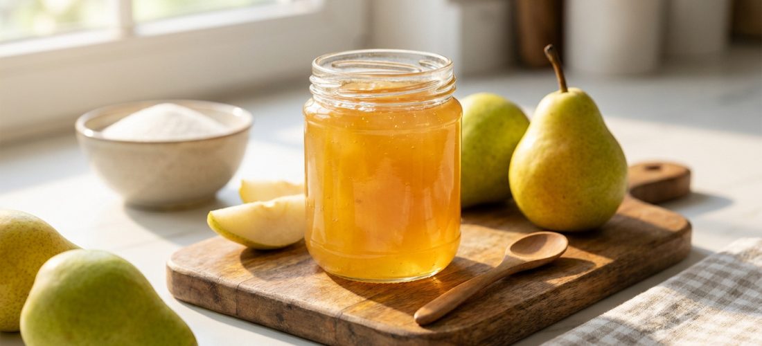 Un pot de confiture de poires artisanale entouré de poires fraîches et de sucre sur une planche en bois.