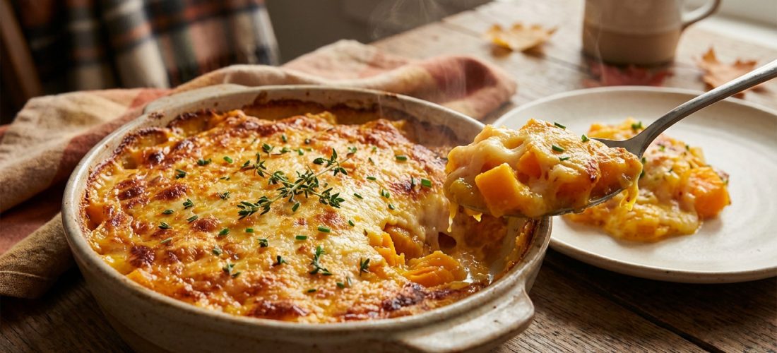 Gratin de courge butternut doré à la levure maltée sortant du four, plat léger et savoureux