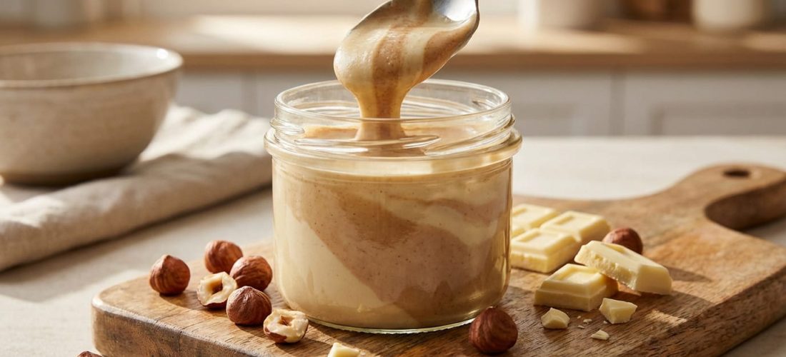 Pâte à tartiner noisette chocolat blanc maison façon Bueno dans un pot en verre