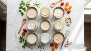 Divers bols et bocaux remplis de substituts de crème sur un plan de travail en marbre avec des légumes.