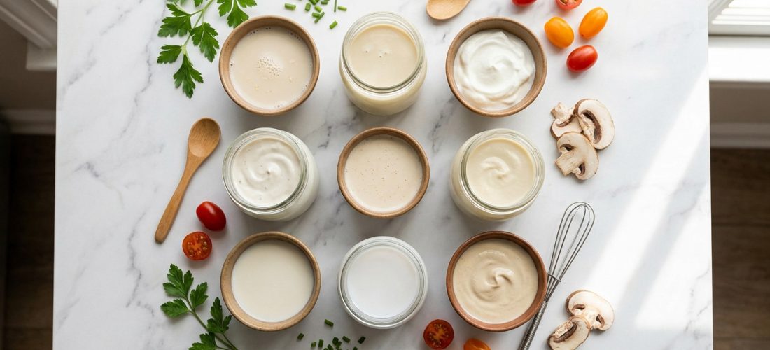 Divers bols et bocaux remplis de substituts de crème sur un plan de travail en marbre avec des légumes.