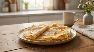 Assiette de crêpes dorées saupoudrées de sucre et nappées de sirop sur une table en bois dans une cuisine lumineuse.